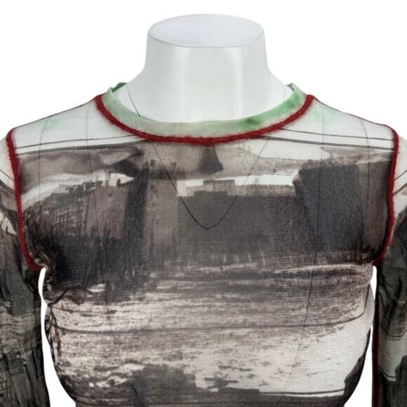 JEAN PAUL GAULTIER Vintage Long Sleeve Mesh Top Sz Large Berlin Wall City Scape - Picture 6 of 12